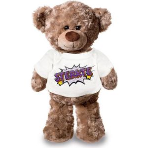 Sterkte pluche teddybeer knuffel 24 cm met wit pop art t-shirt - sterkte / cadeau knuffelbeer
