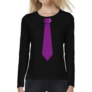 Zwart long sleeve t-shirt zwart met paarse stropdas bedrukking dames