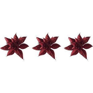 4x stuks decoratie bloemen kerstster rood glitter op clip 15 cm