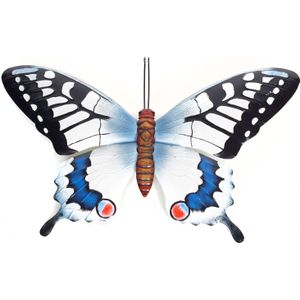 Zwart/blauwe metalen tuindecoratie vlinder 48 cm