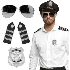 Carnaval verkleed set - politiepet - zwart - met epauletten/badge/zonnebril - heren/dames