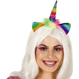 Fiestas Verkleed haarband Unicorn/eenhoorn - regenboog gekleurd - meisjes/dames - met bloemen