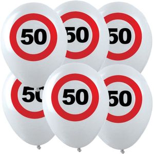 12x Leeftijd verjaardag ballonnen met 50 jaar stopbord opdruk 28 cm
