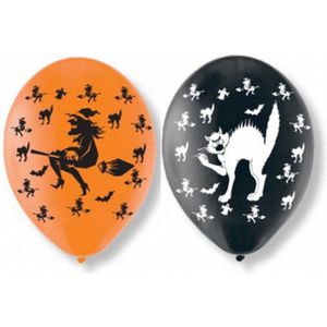 Set van 6x stuks Halloween ballonnen met heksen en katten print 27,5 cm