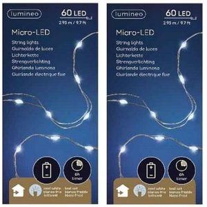 2x Micro LED binnenverlichting op batterij helder wit 60 lampjes