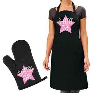 Cadeau schort met ovenwant - voor dames - roze - Moederdag/verjaardag