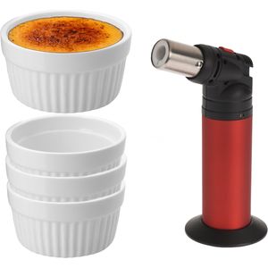 11-Delige creme brulee set met witte schaaltjes en een rode brander