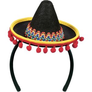 Atosa Verkleed diadeem mini hoedje - zwart/rood - meisjes/dames - Mexicaanse Sombrero thema