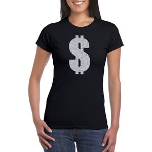Verkleedkleding gangster / zilveren dollar t-shirt zwart voor dames