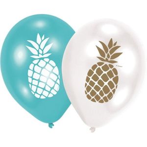 12x Ananas feest ballonnen blauw en wit
