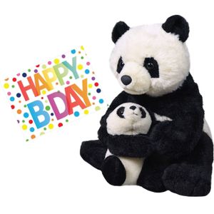 Pluche Knuffel Panda Beer met Baby 38 cm met A5-size Happy Birthday Wenskaart