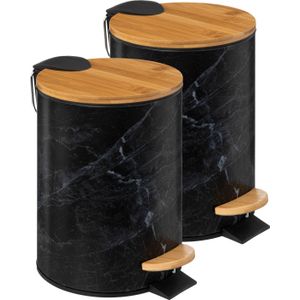 5Five Prullenbak/pedaalemmer Marmer look - 2x - zwart - 3 liter - metaal/bamboe - 17 x 25 cm