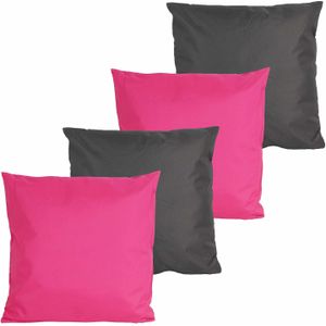 Bank/Tuin kussens set - voor binnen/buiten - 4x stuks - fuchsia roze/antraciet grijs - 45 x 45 cm