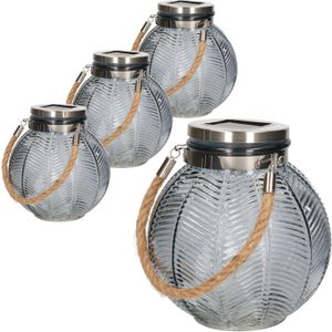 4x stuks grijze solar lantaarn van gestreept glas rond 16 cm