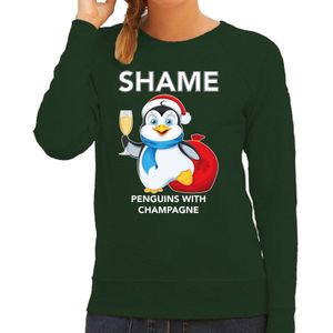 Groene Kersttrui / Kerstkleding met pinguin Shame penguins with champagne voor dames