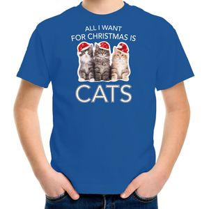 Blauw Kerst shirt/ Kerstkleding All i want for Christmas is cats voor kinderen