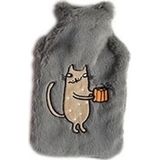 Warmwaterkruik lichtgrijs pluche met bruine katten/poezen afbeelding 2 liter