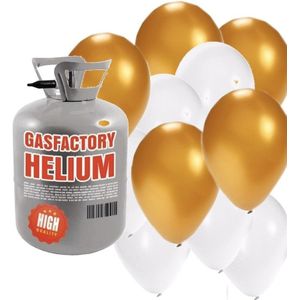 Bruiloft helium tankje met goud/witte ballonnen 30 stuks