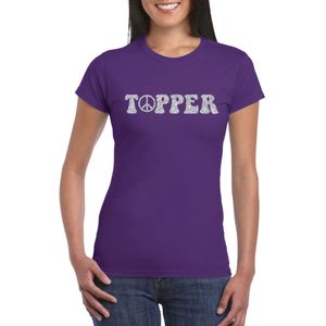 Paars Flower Power t-shirt Topper met zilveren letters dames