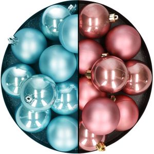 Kerstballen 24x stuks - mix oudroze en ijsblauw - 6 cm - kunststof