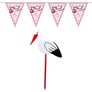 Geboorte versiering meisje - ooievaar geboortebord - 100 cm hoog - vlaggenlijn roze - 10 meter