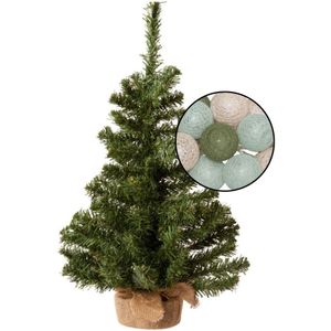 Mini kerstboom groen met verlichting - in jute zak - H60 cm - kleur mix groen