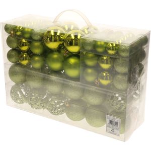 Pakket met 110x stuks kunststof kerstballen/ornamenten met piek lime groen