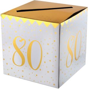 Enveloppendoos - Verjaardag - 80 jaar - wit/goud - karton - 20 x 20 cm
