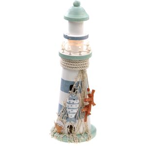 Vuurtoren beeldje met LED licht - Hout - 10 x 30 cm - wit/blauw - Maritieme woon decoraties