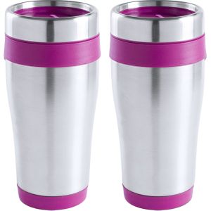 Warmhoudbeker/thermos isoleer koffiebeker/mok - 2x - RVS - zilver/roze - 450 ml - Reisbeker