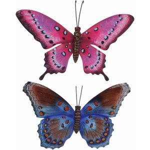 Set van 2x stuks tuindecoratie muur/wand vlinders van metaal in roze en bruin/blauw tinten 44 x 31 c