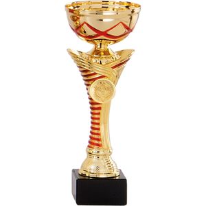 Luxe trofee/prijs beker  - rode lijnen - goud- kunststof - 22 x 8 cm - sportprijs