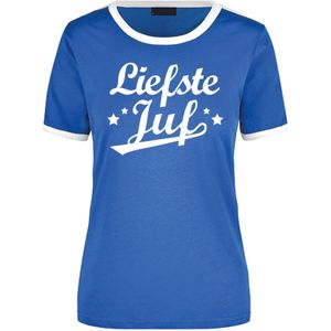 Liefste juf cadeau ringer t-shirt blauw met witte randjes voor dames - Einde schooljaar/juffendag cadeau