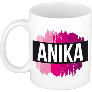 Anika  naam / voornaam kado beker / mok roze verfstrepen - Gepersonaliseerde mok met naam