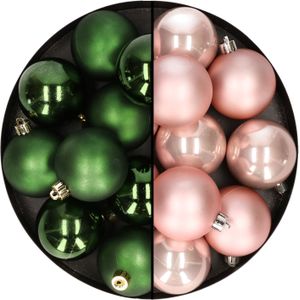 24x stuks kunststof kerstballen mix van lichtroze en donkergroen 6 cm
