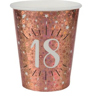 Santex Verjaardag feest bekertjes leeftijd - 10x - 18 jaar - rose goud - karton - 270 ml