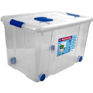Opbergboxen/opbergbox met deksel en wieltjes 55L kunststof transparant/blauw - 59 x 40 x 35 cm