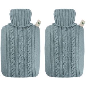 2x Luxe warmwaterkruiken met gebreide hoes pastel blauw 1,8 liter