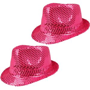 2x Stuks Trilby hoeden met pailletten - roze - glitter
