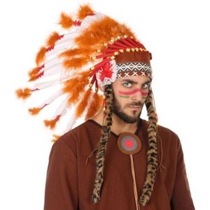 Atosa Luxe indianen veren tooi voor heren - oranje/rood - met ornamenten