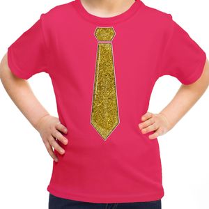 Bellatio Decorations Verkleed t-shirt voor kinderen - glitter stropdas - roze - meisje - carnaval