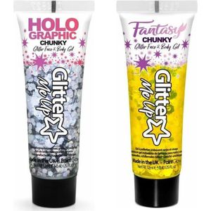 Paintglow Chunky Glittergel voor lichaam en gezicht - 2 tubes - zilver en goudgeel - 12 ml