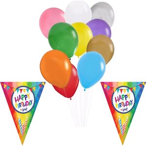 Verjaardag ballonnen 50x stuks met Happy Birthday vlaggetjes 2x 5m