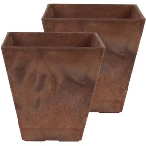 Set van 2x stuks bloempot/plantenpot vierkant van gerecycled kunststof terra bruin D15 en H15 cm