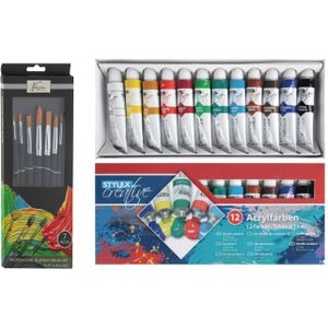 Toppoint Acrylverf schilderset - 12x gekleurde tubes van 12 ml - met 7x schilderpenselen