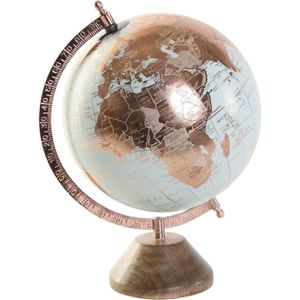 Items Deco Wereldbol/globe op voet - kunststof - blauw/rose goud - home decoratie artikel - D20 x H30 cm