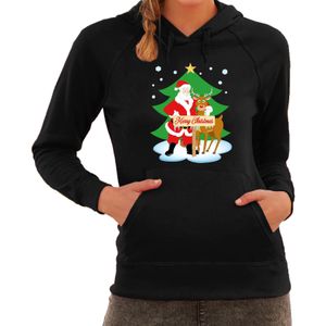 Kerstman met rudolf bij Kerstboom Merry Christmas foute Kerst hoodie / hooded sweater zwart voor dam