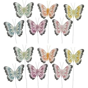12x stuks decoratie vlinders op draad gekleurd - 8 cm