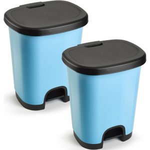 2x Stuks afvalemmer/vuilnisemmer/pedaalemmer 18 liter in het lichtblauw/zwart met deksel en pedaal