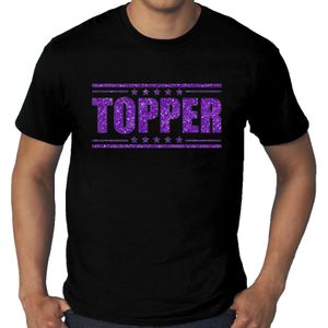 Zwart t-shirt in grote maat heren met tekst topper in paarse glitter letters